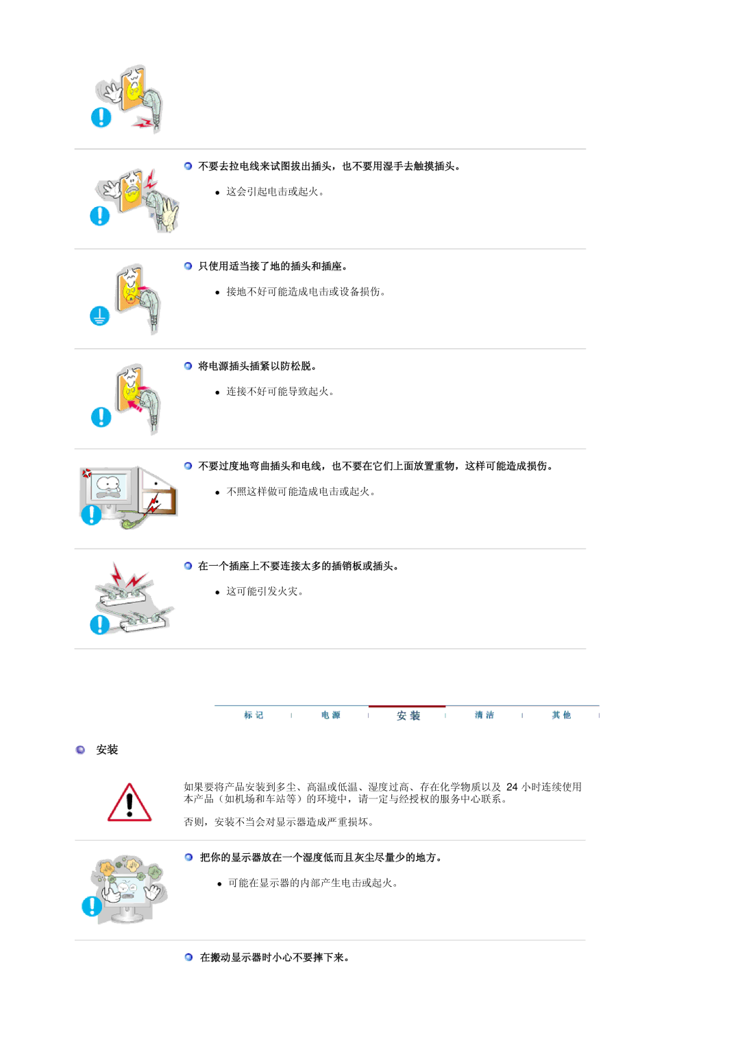 Samsung GS19ESSS/EDC manual 不要去拉电线来试图拔出插头，也不要用湿手去触摸插头。 