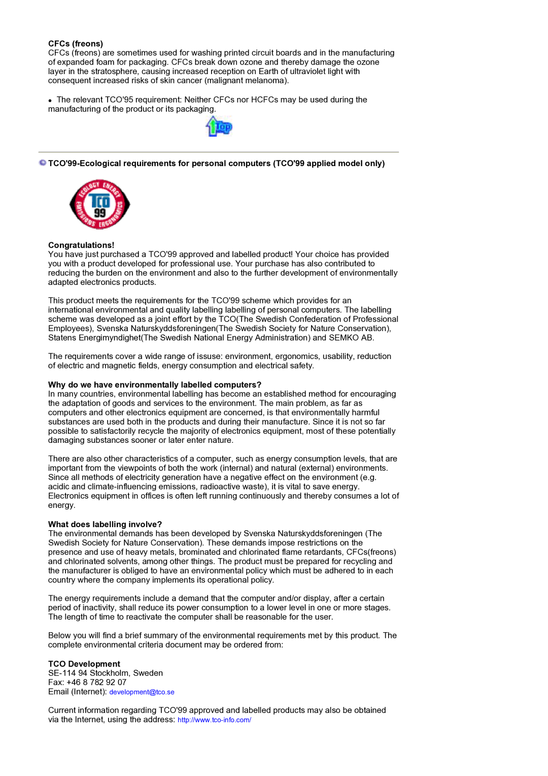 Samsung GS19ESSS/EDC manual CFCs freons, Why do we have environmentally labelled computers?, TCO Development 