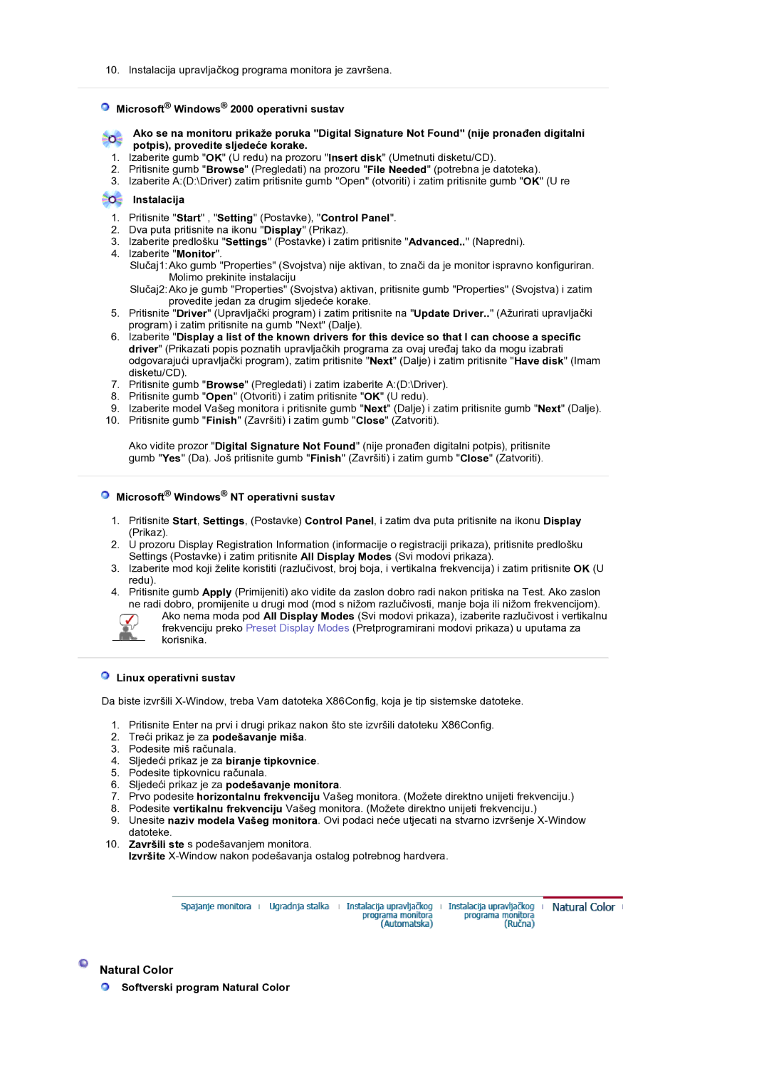 Samsung GS19ESSS/EDC manual Natural Color, Instalacija, Microsoft Windows NT operativni sustav, Linux operativni sustav 