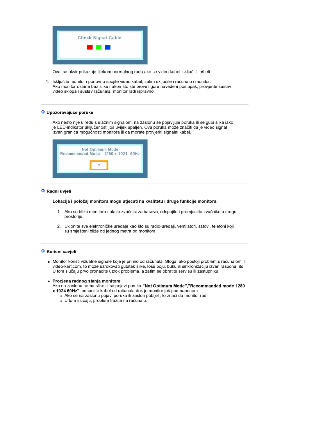 Samsung GS19ESSS/EDC manual Upozoravajuće poruke, Korisni savjeti, Procjena radnog stanja monitora 