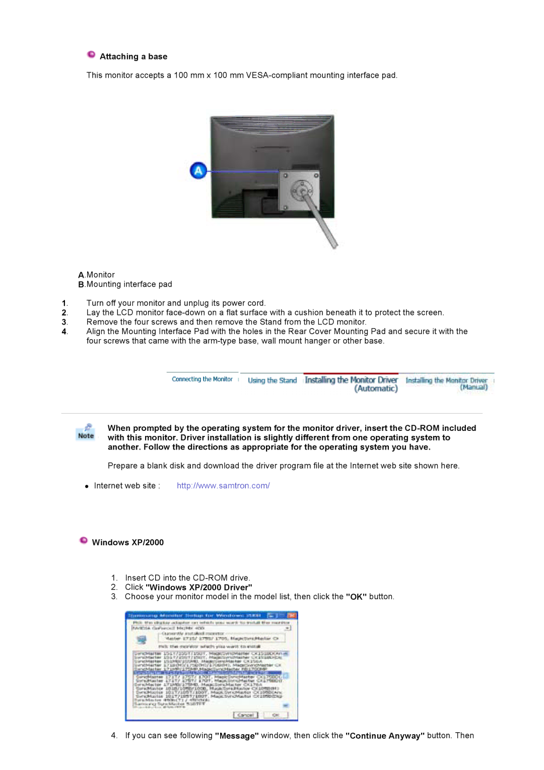 Samsung GS19ETSS/EDC manual Attaching a base, Click Windows XP/2000 Driver 