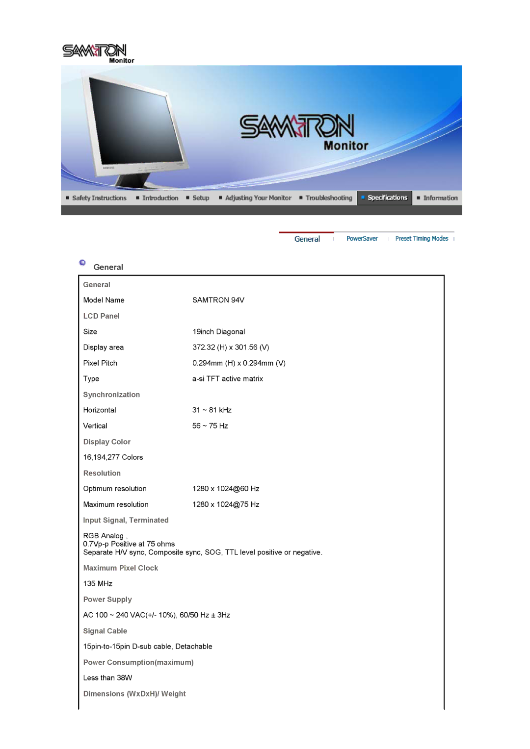 Samsung GS19ETSS/EDC manual General, LCD Panel, Synchronization, Display Color, Resolution, Input Signal, Terminated 