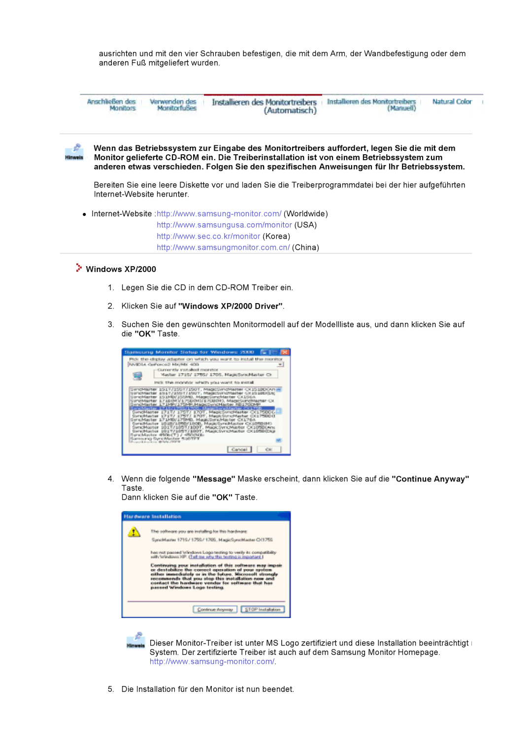 Samsung GS19VTSN/EDC, GS19VTSS/EDC, GS17VTSS/EDC, GS17VTSN/EDC manual Klicken Sie auf Windows XP/2000 Driver 