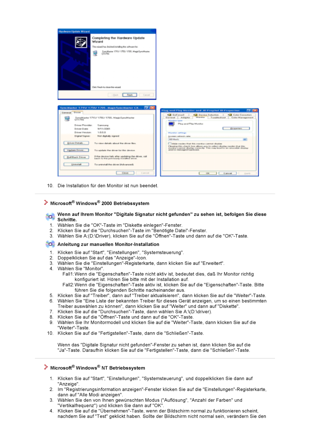 Samsung GS17VTSN/EDC, GS19VTSN/EDC manual Anleitung zur manuellen Monitor-Installation, Microsoft Windows NT Betriebssystem 