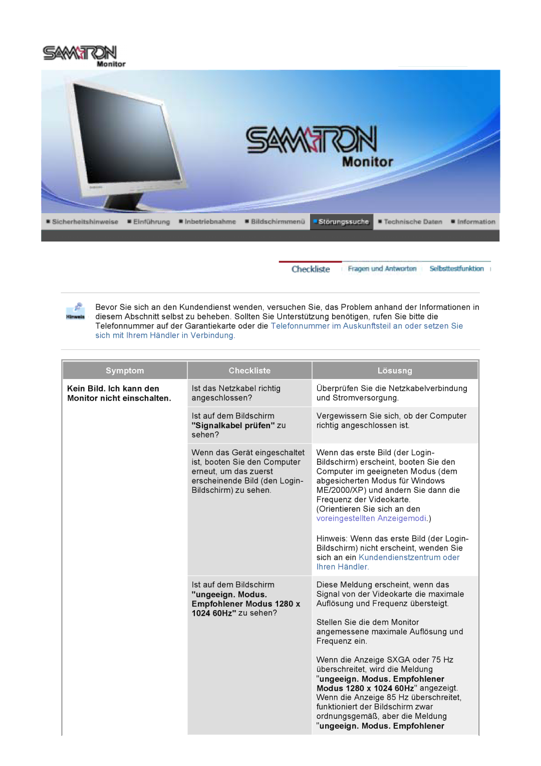 Samsung GS17VTSN/EDC, GS19VTSN/EDC, GS19VTSS/EDC Kein Bild. Ich kann den, Monitor nicht einschalten, Signalkabel prüfen zu 