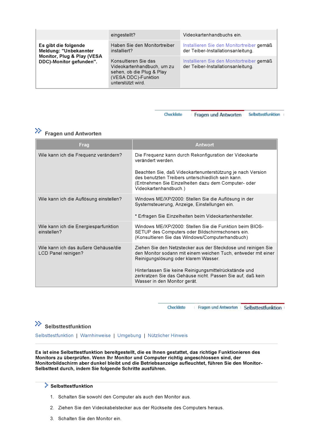 Samsung GS19VTSS/EDC, GS19VTSN/EDC, GS17VTSS/EDC, GS17VTSN/EDC manual Fragen und Antworten, Selbsttestfunktion 