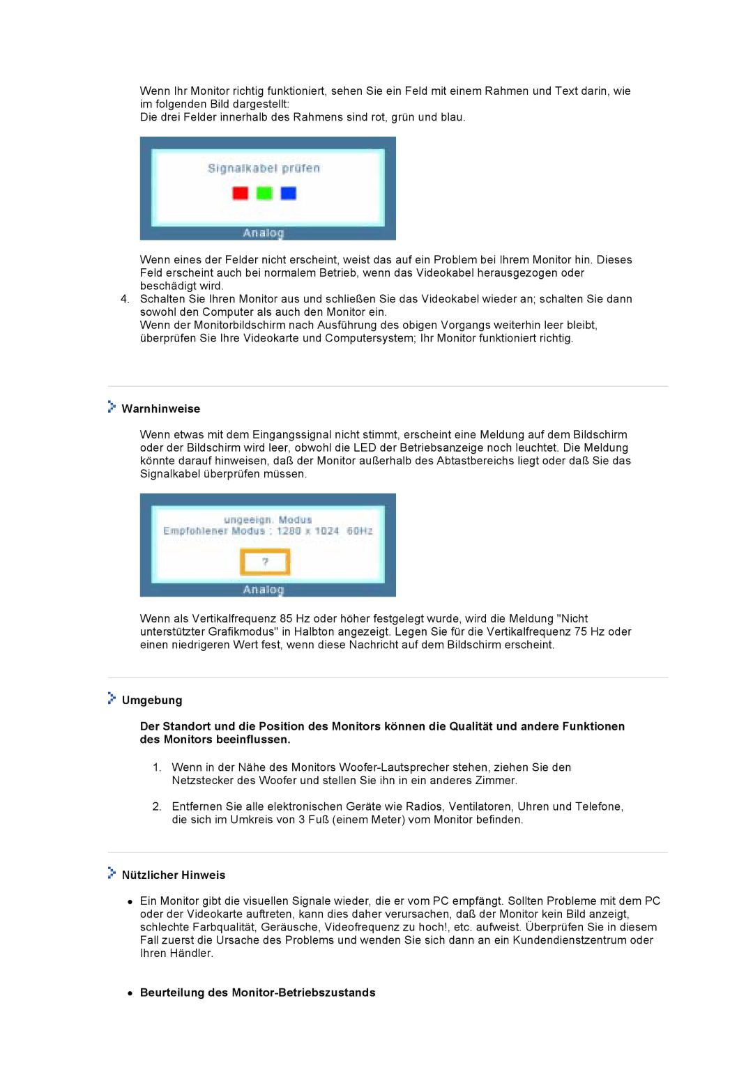 Samsung GS17VTSS/EDC, GS19VTSN/EDC, GS19VTSS/EDC Warnhinweise, Nützlicher Hinweis, Beurteilung des Monitor-Betriebszustands 