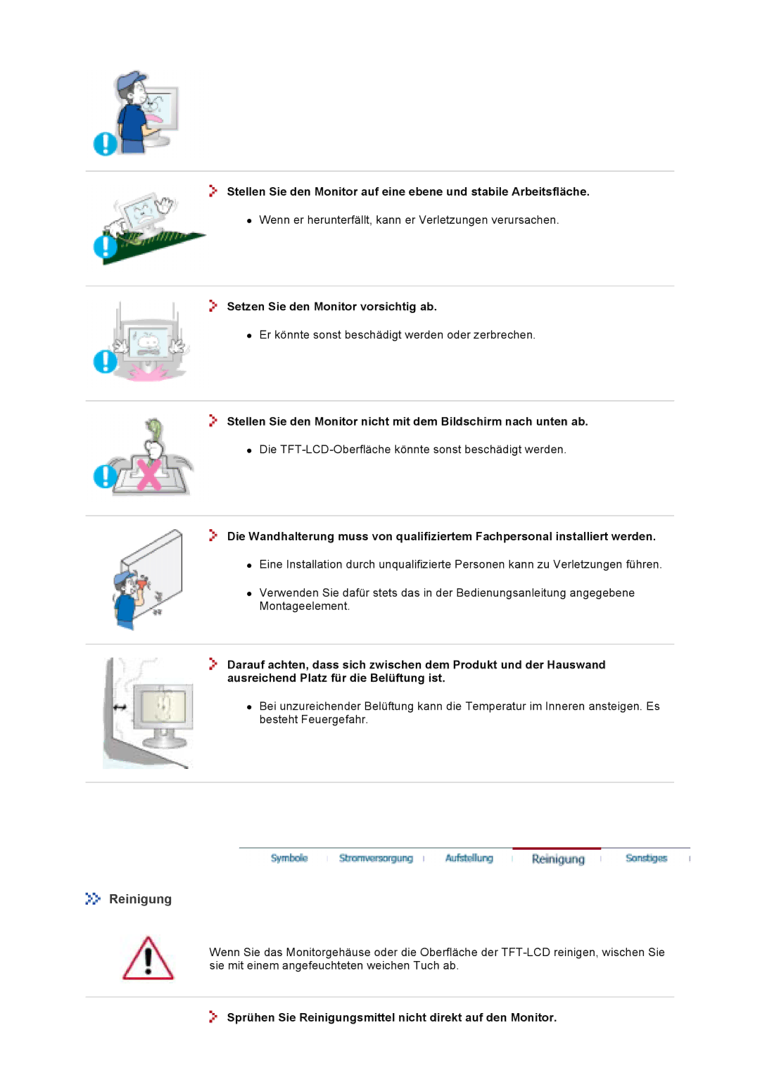 Samsung GS19VTSN/EDC, GS19VTSS/EDC, GS17VTSS/EDC, GS17VTSN/EDC manual Reinigung, Setzen Sie den Monitor vorsichtig ab 