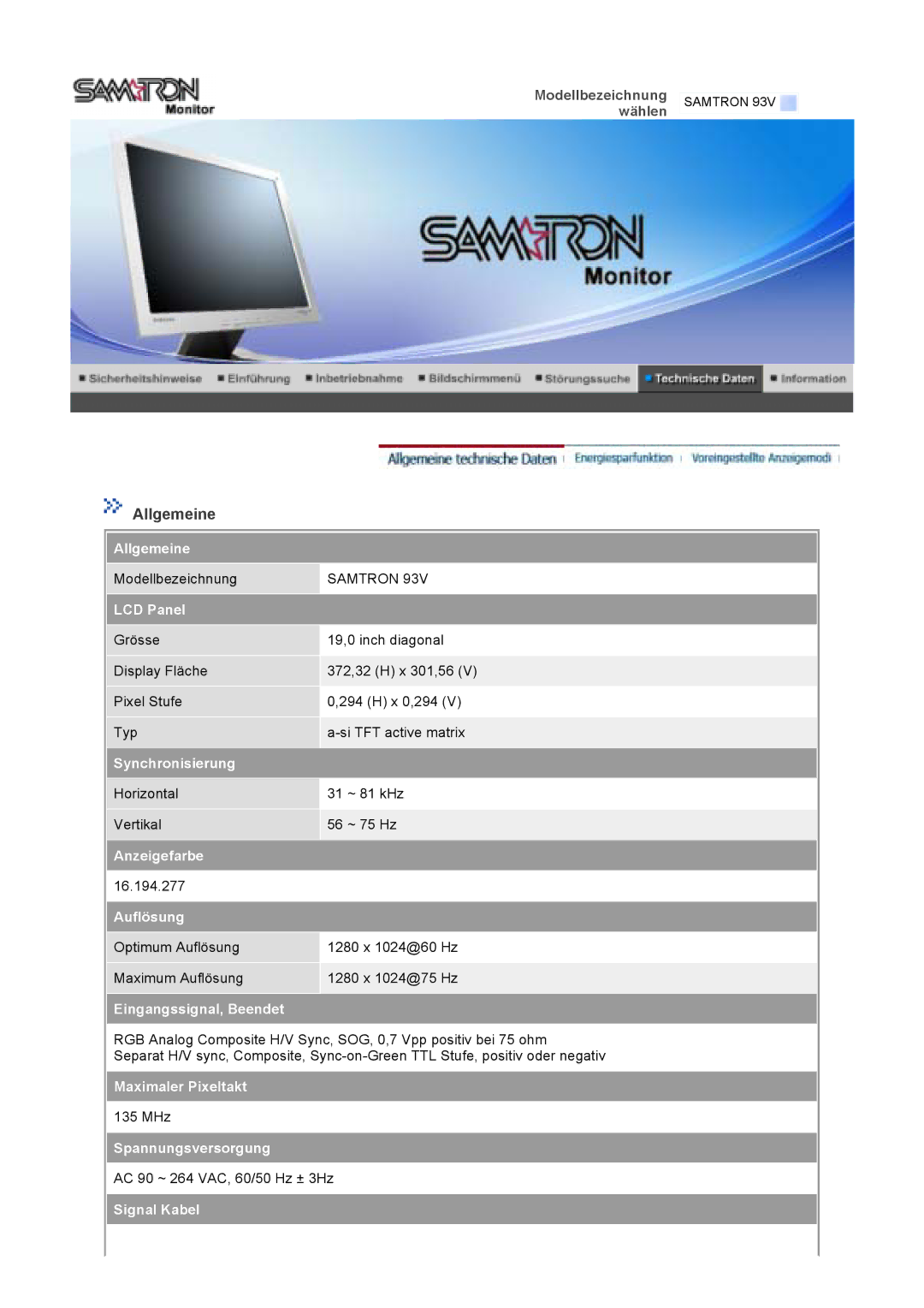 Samsung GS17VTSN/EDC, GS19VTSN/EDC, GS19VTSS/EDC, GS17VTSS/EDC manual Horizontal 31 ~ 81 kHz Vertikal 56 ~ 75 Hz 