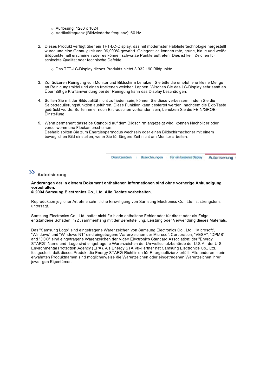 Samsung GS19VTSN/EDC, GS19VTSS/EDC, GS17VTSS/EDC, GS17VTSN/EDC manual Autorisierung 