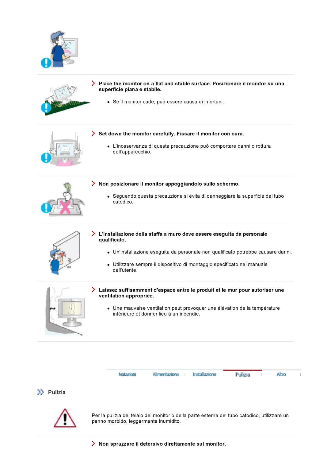 Samsung GS19VTSN/EDC, GS19VTSS/EDC, GS17VTSS/EDC manual Pulizia, Set down the monitor carefully. Fissare il monitor con cura 