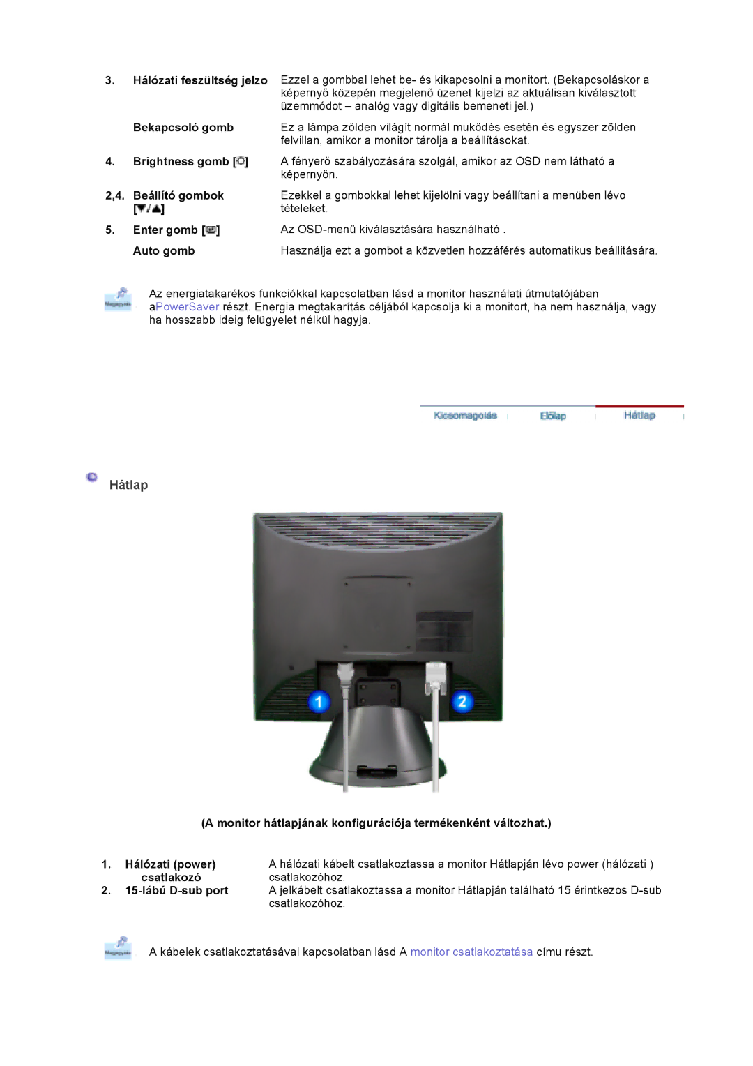 Samsung GS19VTSS/EDC, GS19VTSN/EDC, GS17VTSS/EDC, GS17VTSN/EDC manual Hátlap, Bekapcsoló gomb 