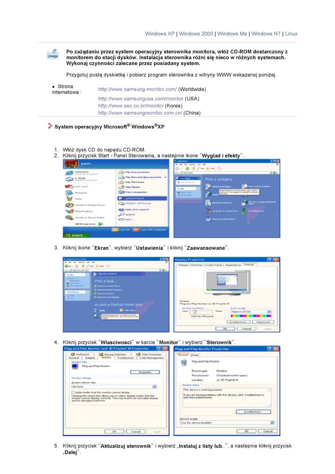 Samsung GS17VTSS/EDC, GS19VTSN/EDC, GS19VTSS/EDC, GS17VTSN/EDC manual System operacyjny Microsoft WindowsXP 