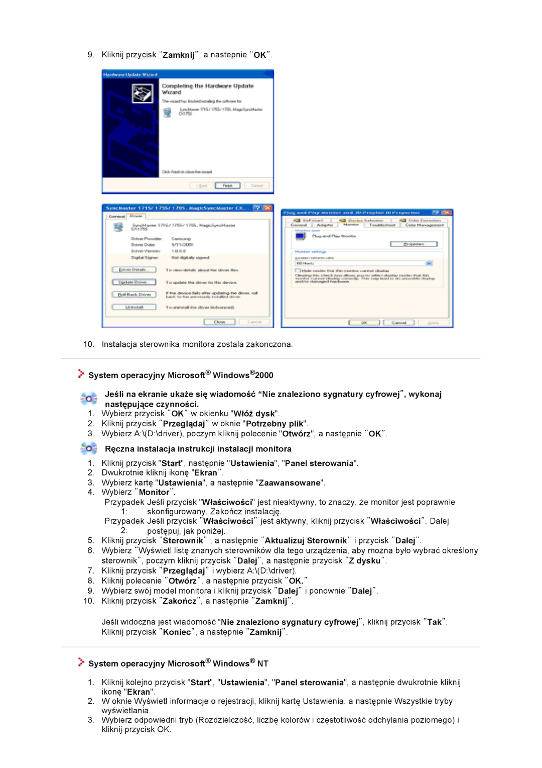 Samsung GS19VTSN/EDC manual Ręczna instalacja instrukcji instalacji monitora, System operacyjny Microsoft Windows NT 