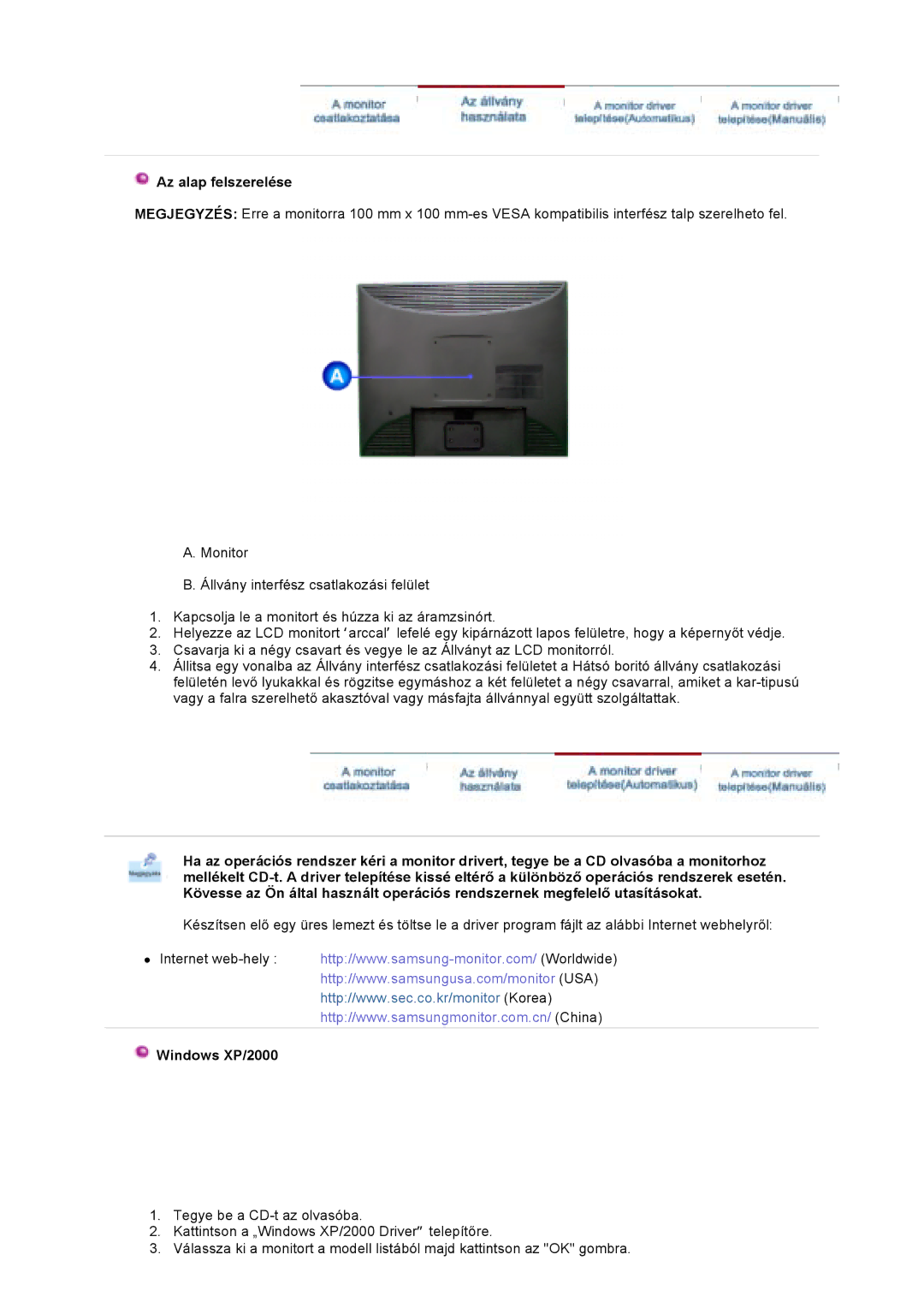 Samsung GS17VTSN/EDC, GS19VTSN/EDC, GS19VTSS/EDC, GS17VTSS/EDC manual Az alap felszerelése, Windows XP/2000 