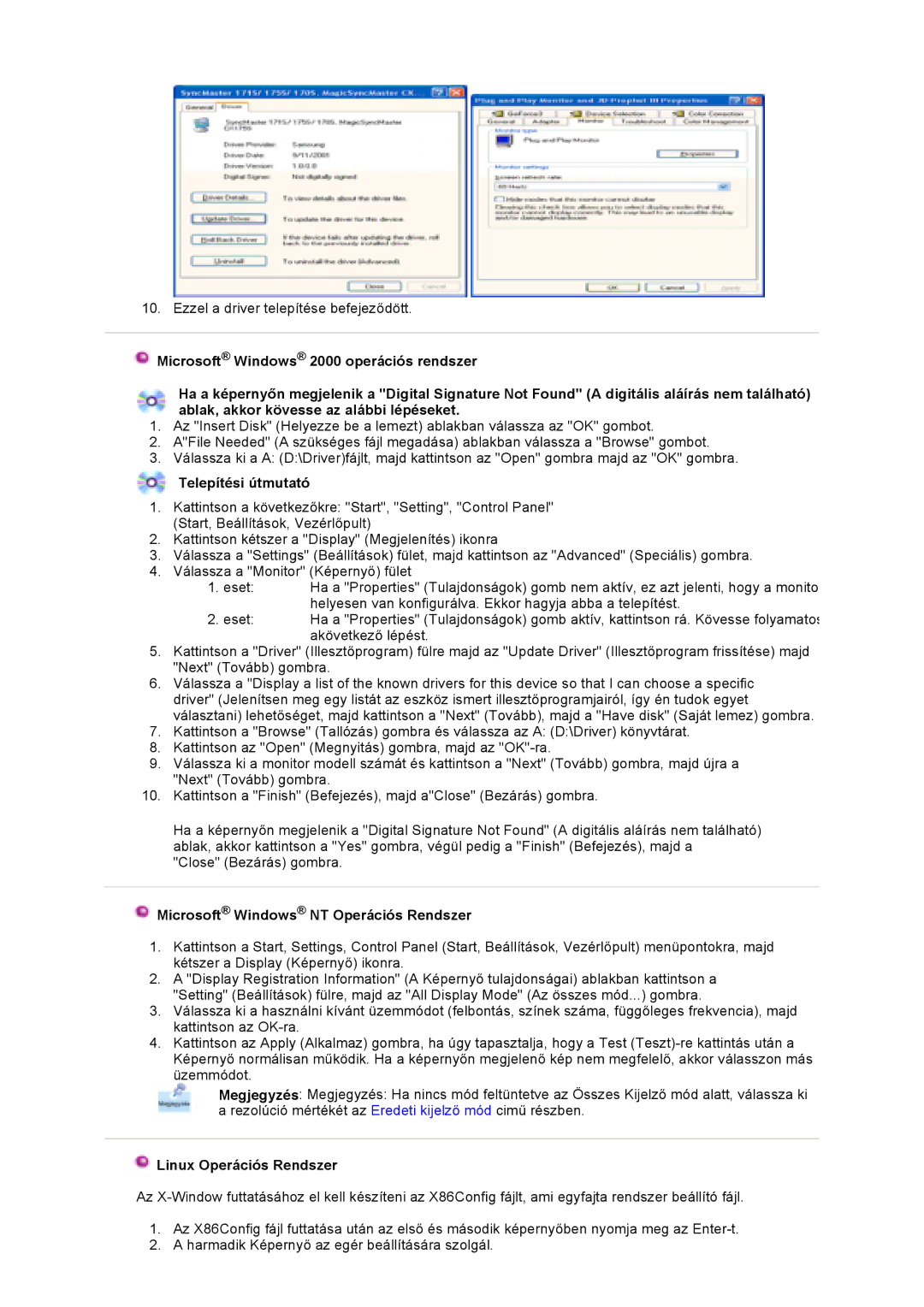 Samsung GS17VTSN/EDC, GS19VTSN/EDC Telepítési útmutató, Microsoft Windows NT Operációs Rendszer, Linux Operációs Rendszer 