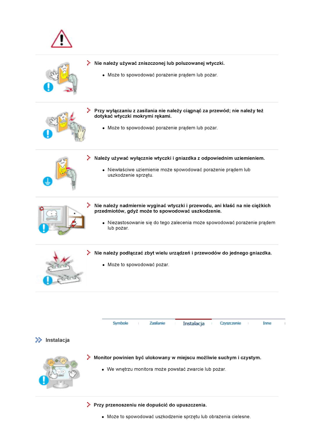 Samsung GS17VTSN/EDC, GS19VTSN/EDC, GS19VTSS/EDC manual Instalacja, Nie należy używać zniszczonej lub poluzowanej wtyczki 