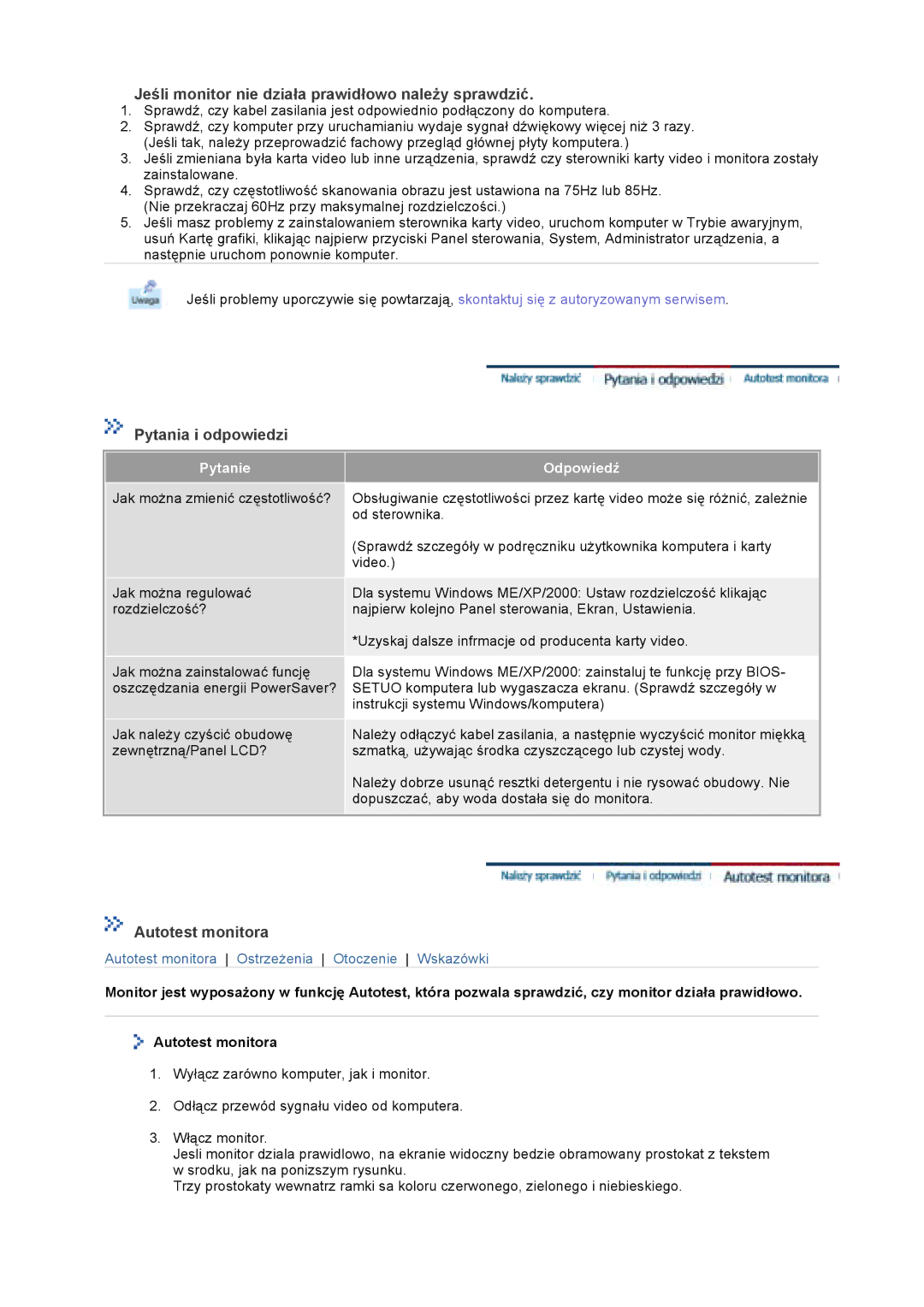 Samsung GS17VTSS/EDC manual Jeśli monitor nie działa prawidłowo należy sprawdzić, Pytania i odpowiedzi, Autotest monitora 