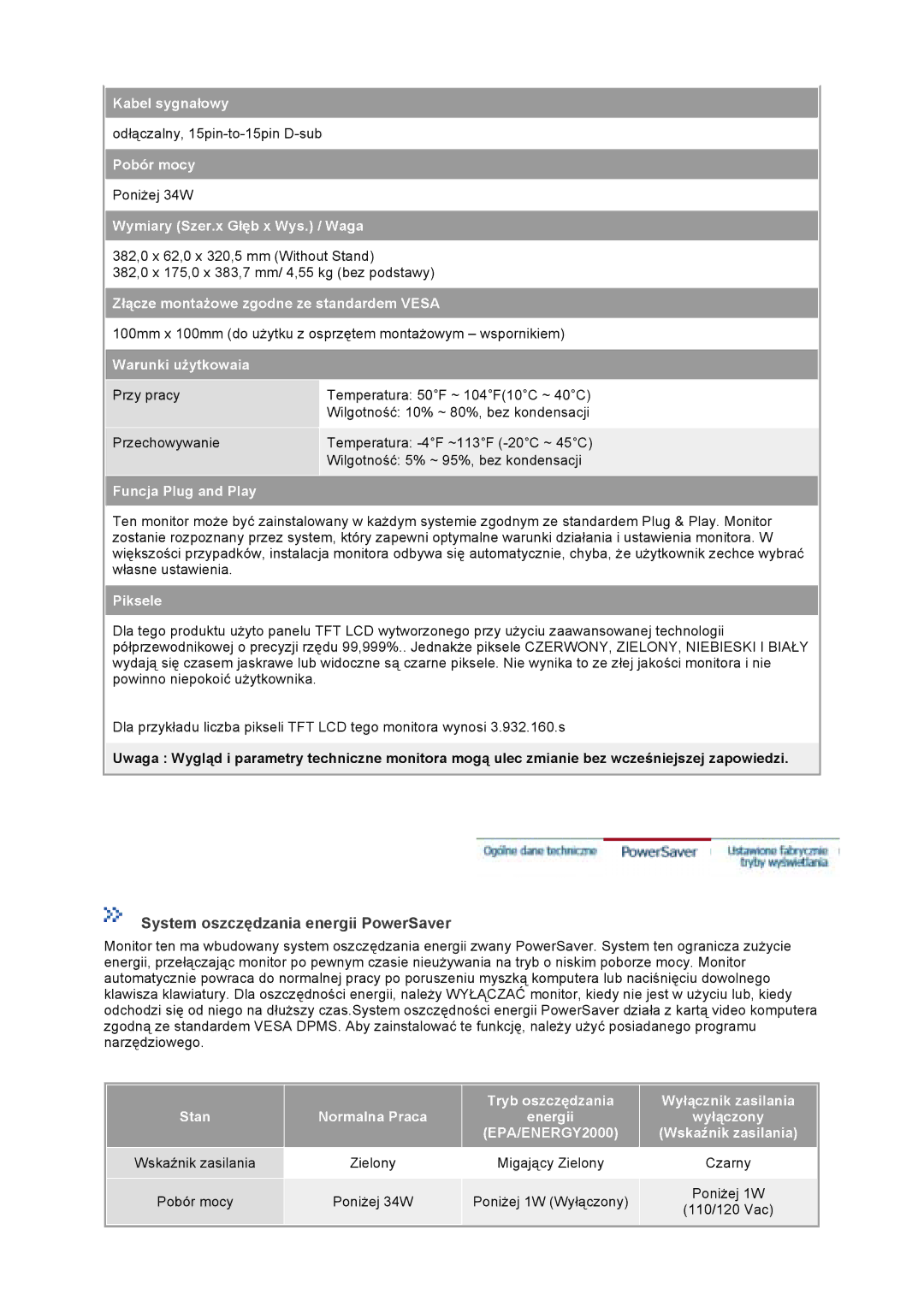 Samsung GS19VTSS/EDC, GS19VTSN/EDC, GS17VTSS/EDC, GS17VTSN/EDC manual System oszczędzania energii PowerSaver 