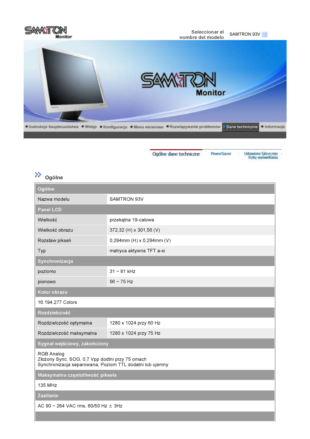 Samsung GS19VTSN/EDC, GS19VTSS/EDC, GS17VTSS/EDC, GS17VTSN/EDC manual Poziomo 31 ~ 81 kHz Pionowo 56 ~ 75 Hz 