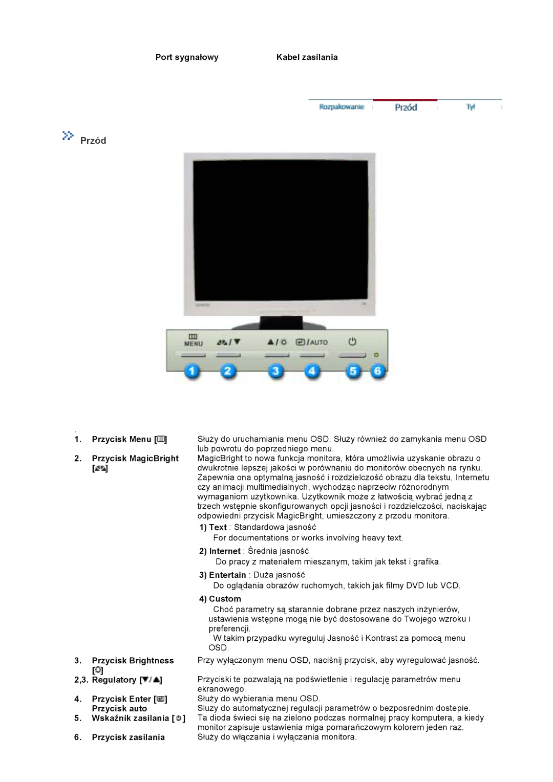 Samsung GS19VTSS/EDC, GS19VTSN/EDC, GS17VTSS/EDC, GS17VTSN/EDC manual Przód, Port sygnałowy Kabel zasilania, Custom 