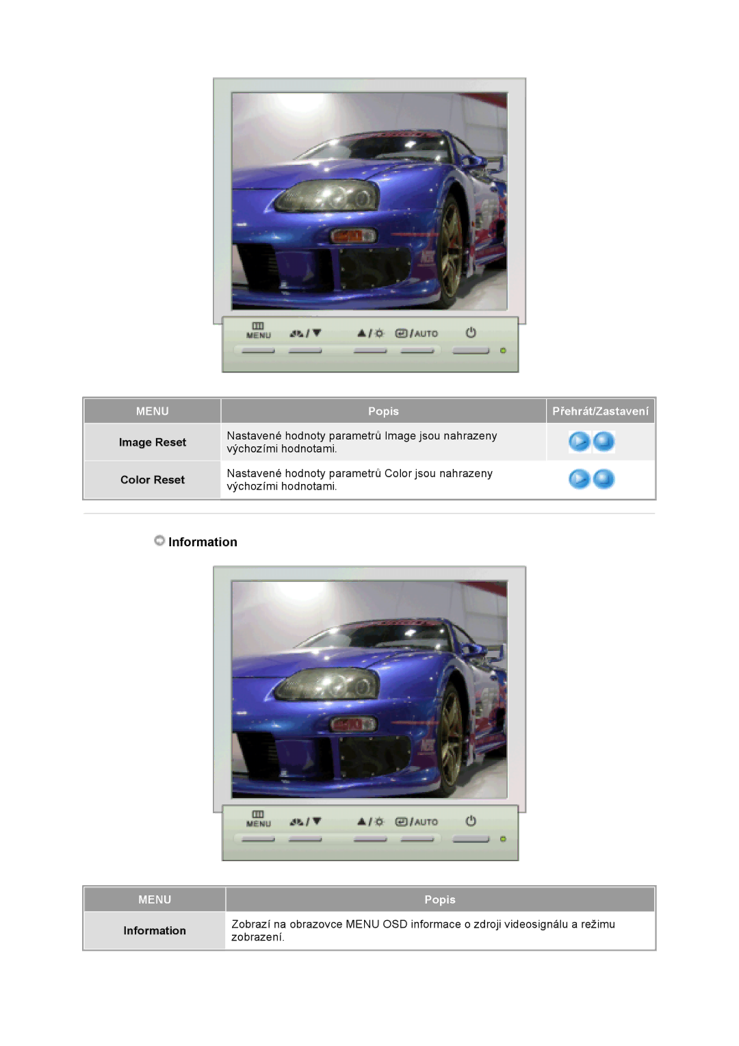 Samsung GS19VTSS/EDC, GS17VTSS/EDC, GS17VTSN/EDC manual Image Reset Color Reset, Information zobrazení 