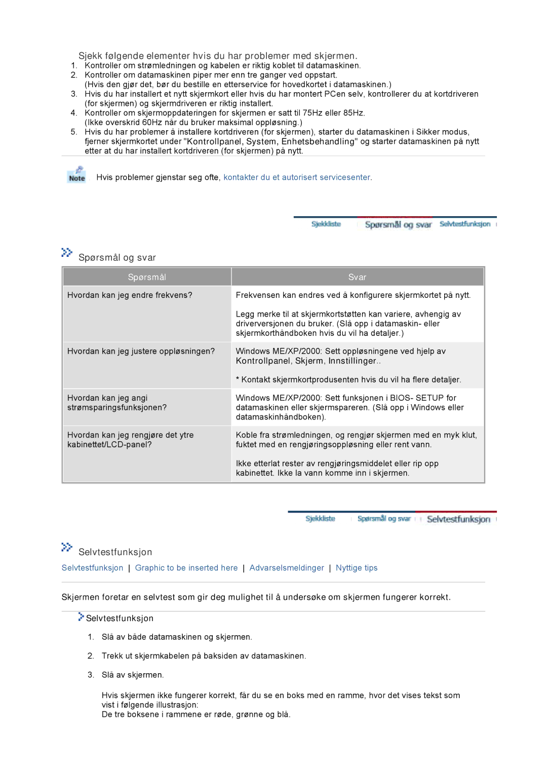 Samsung GS17VTSS/EDC Sjekk følgende elementer hvis du har problemer med skjermen, Spørsmål og svar, Selvtestfunksjon, Svar 