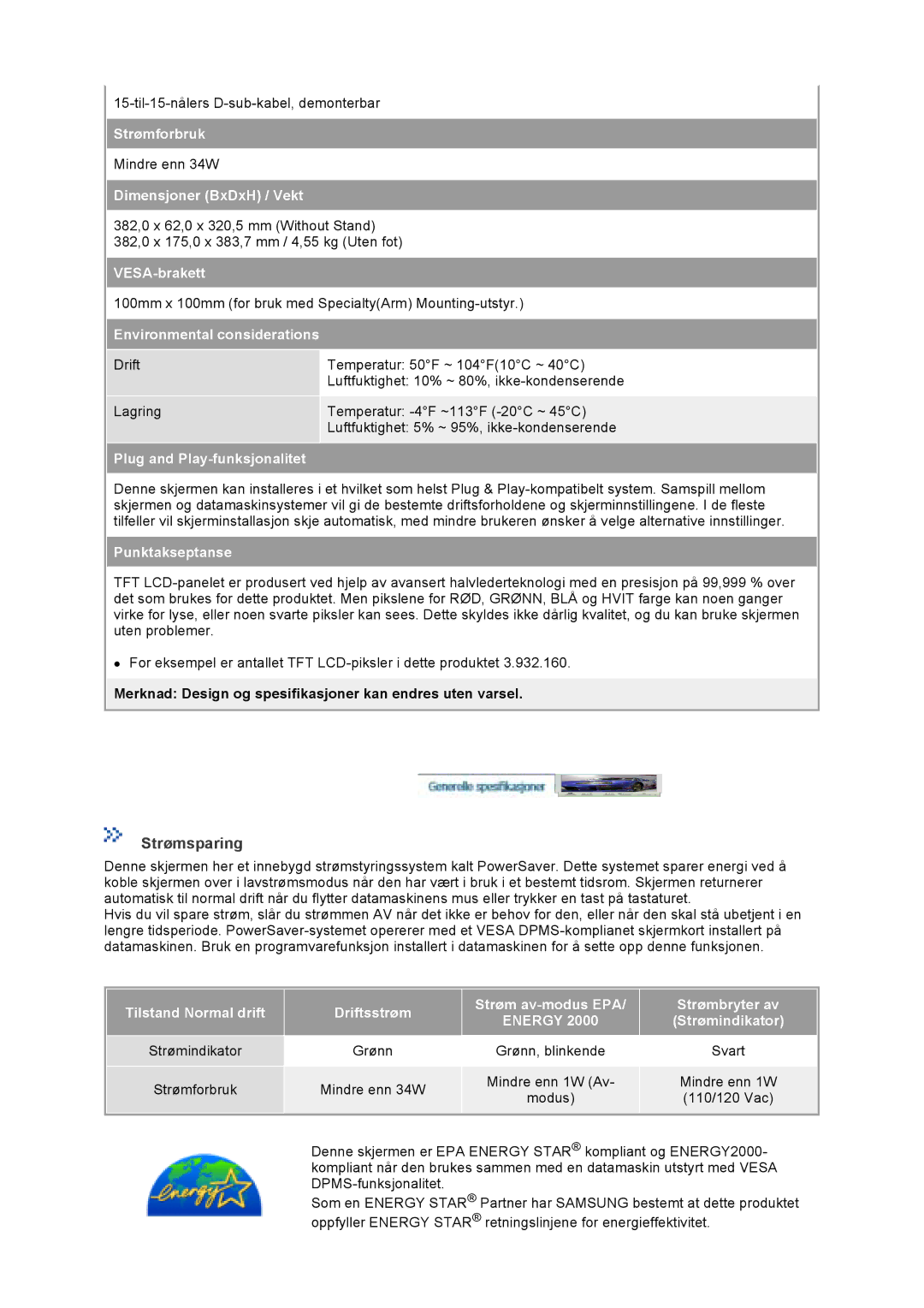 Samsung GS19VTSS/EDC, GS17VTSS/EDC manual Strømsparing 