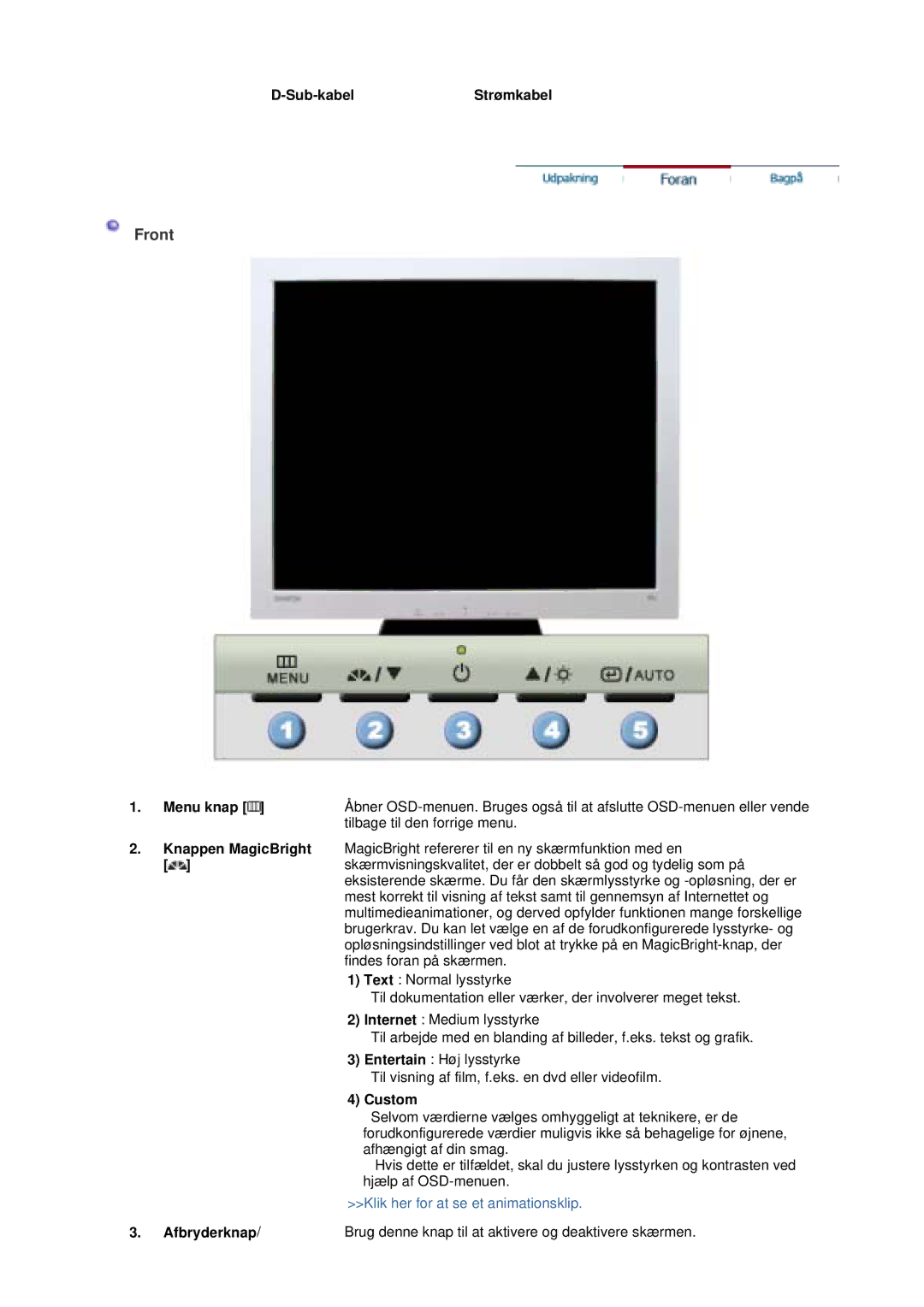 Samsung GS19VTSS/EDC, GS17VTSS/EDC manual Sub-kabelStrømkabel, Afbryderknap 