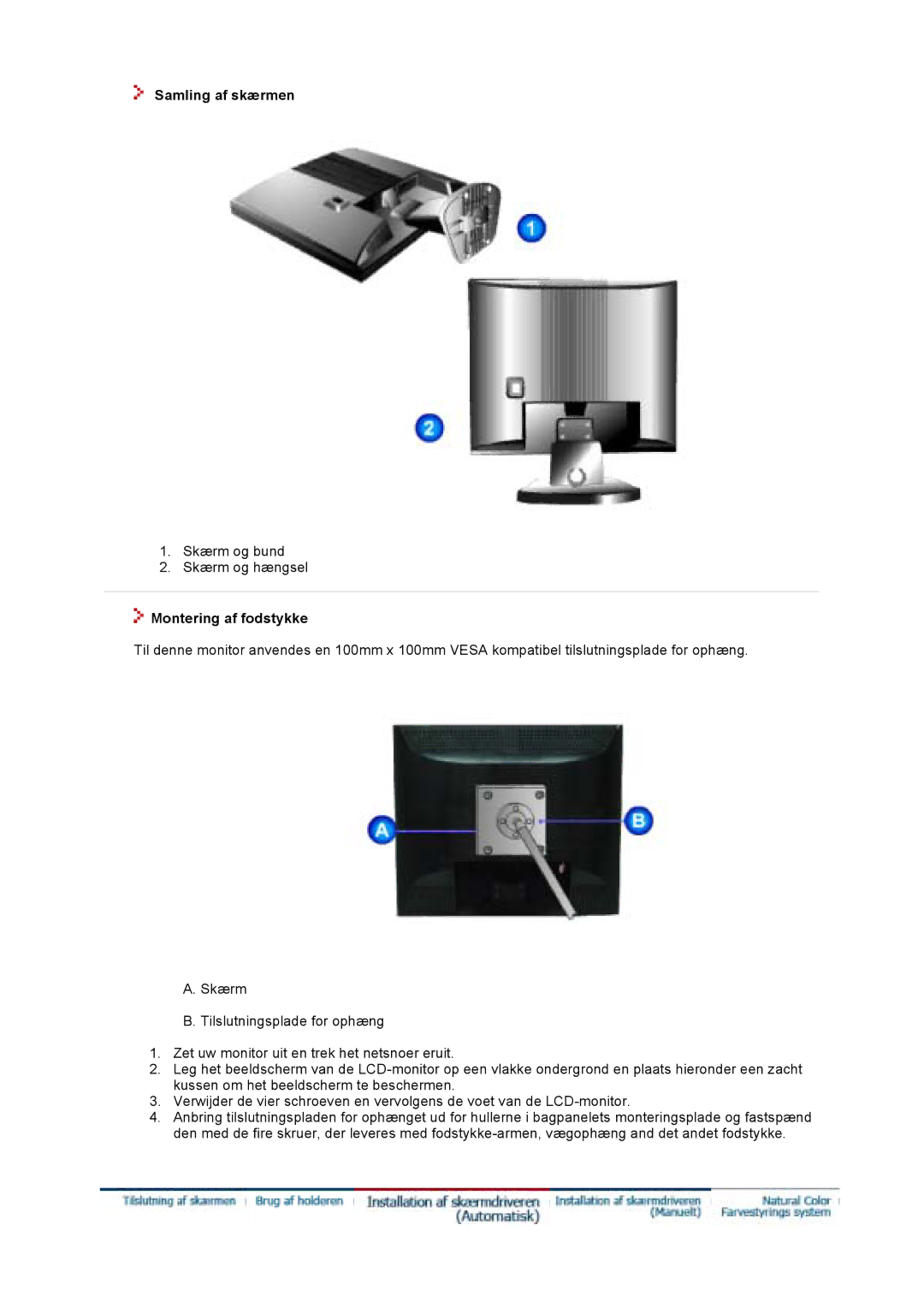 Samsung GS17VTSS/EDC, GS19VTSS/EDC manual Samling af skærmen, Montering af fodstykke 