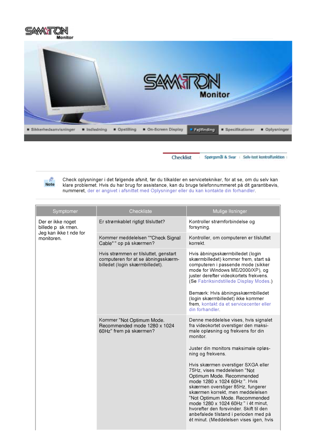Samsung GS19VTSS/EDC, GS17VTSS/EDC manual Symptomer, Checkliste, Mulige løsninger 