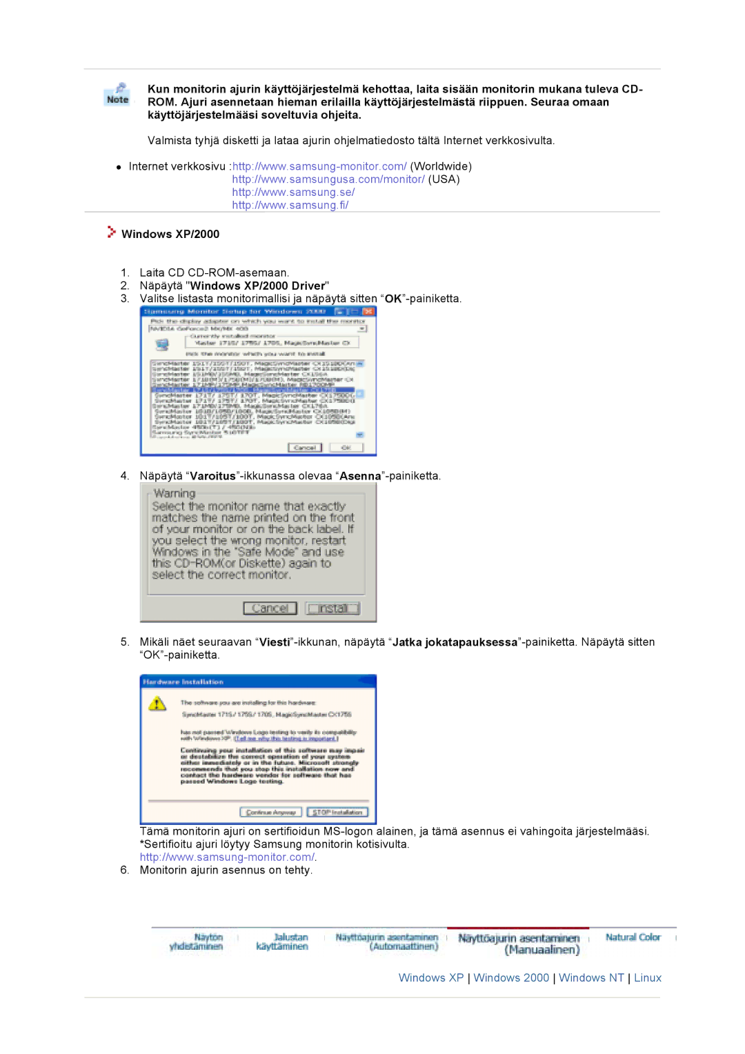 Samsung GS17VTSS/EDC, GS19VTSS/EDC manual Näpäytä Windows XP/2000 Driver 