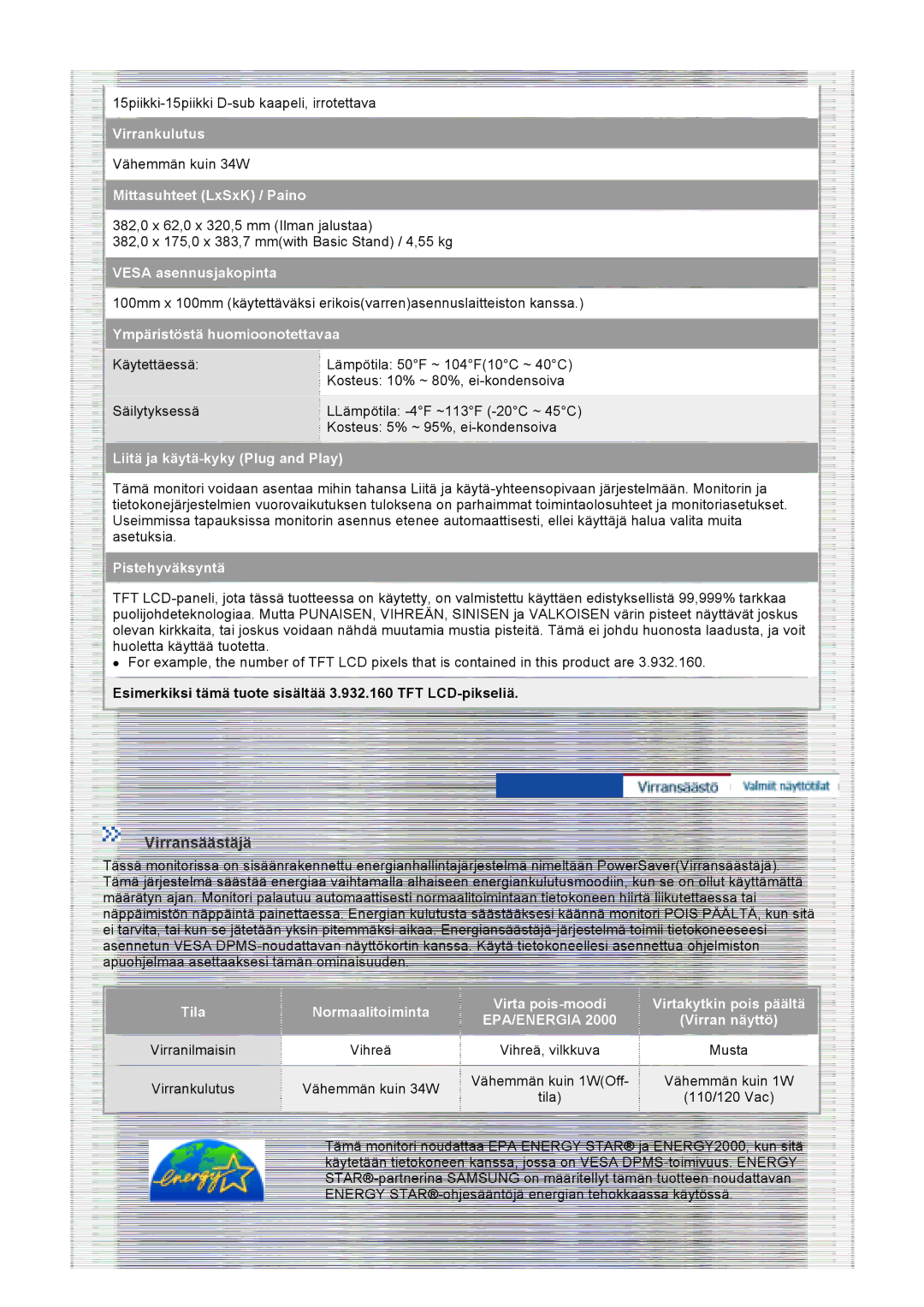 Samsung GS19VTSS/EDC, GS17VTSS/EDC manual Virransäästäjä 