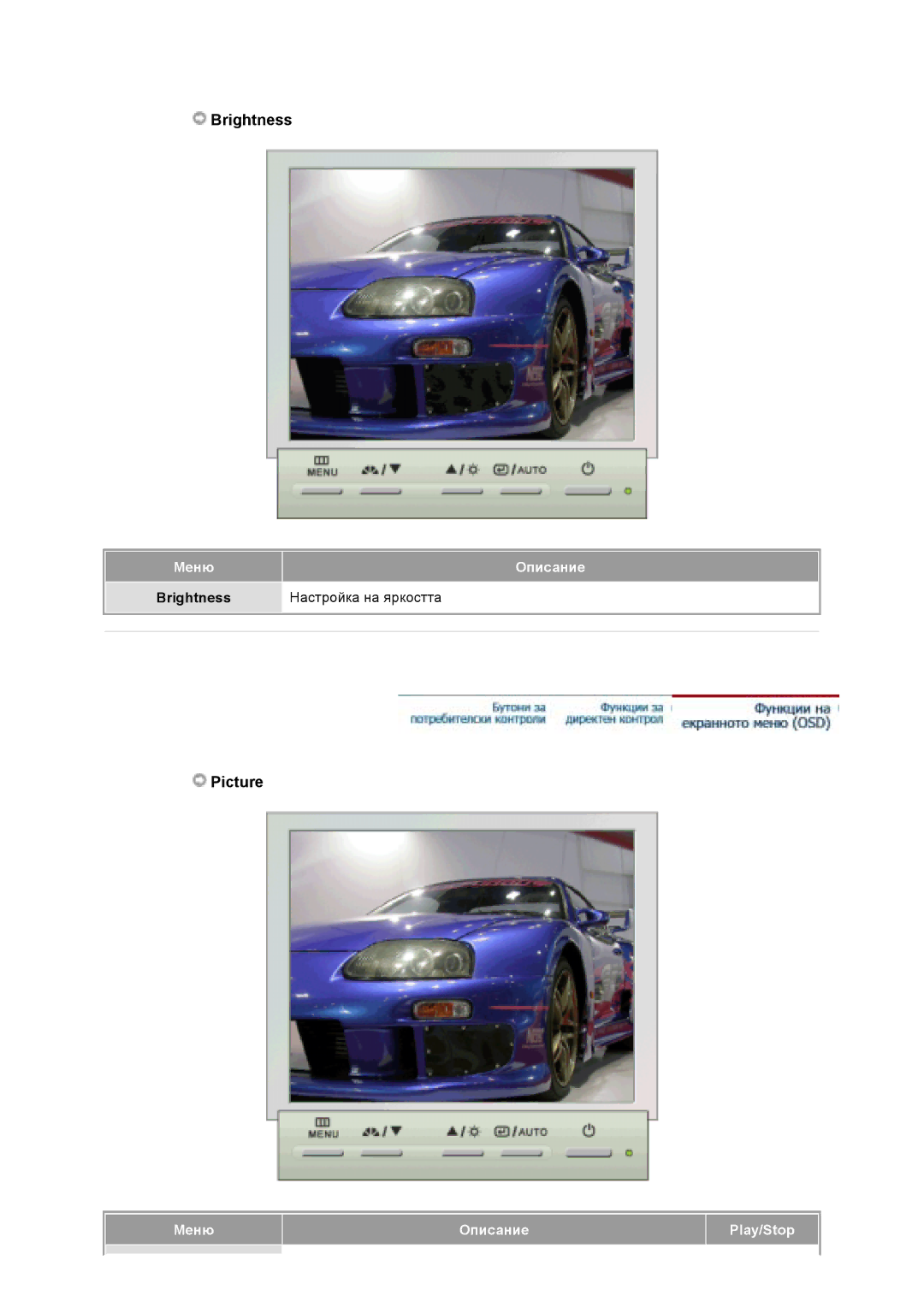 Samsung GS19VTSS/EDC manual Меню Описание Brightness Настройка на яркостта, Меню Описание Play/Stop 