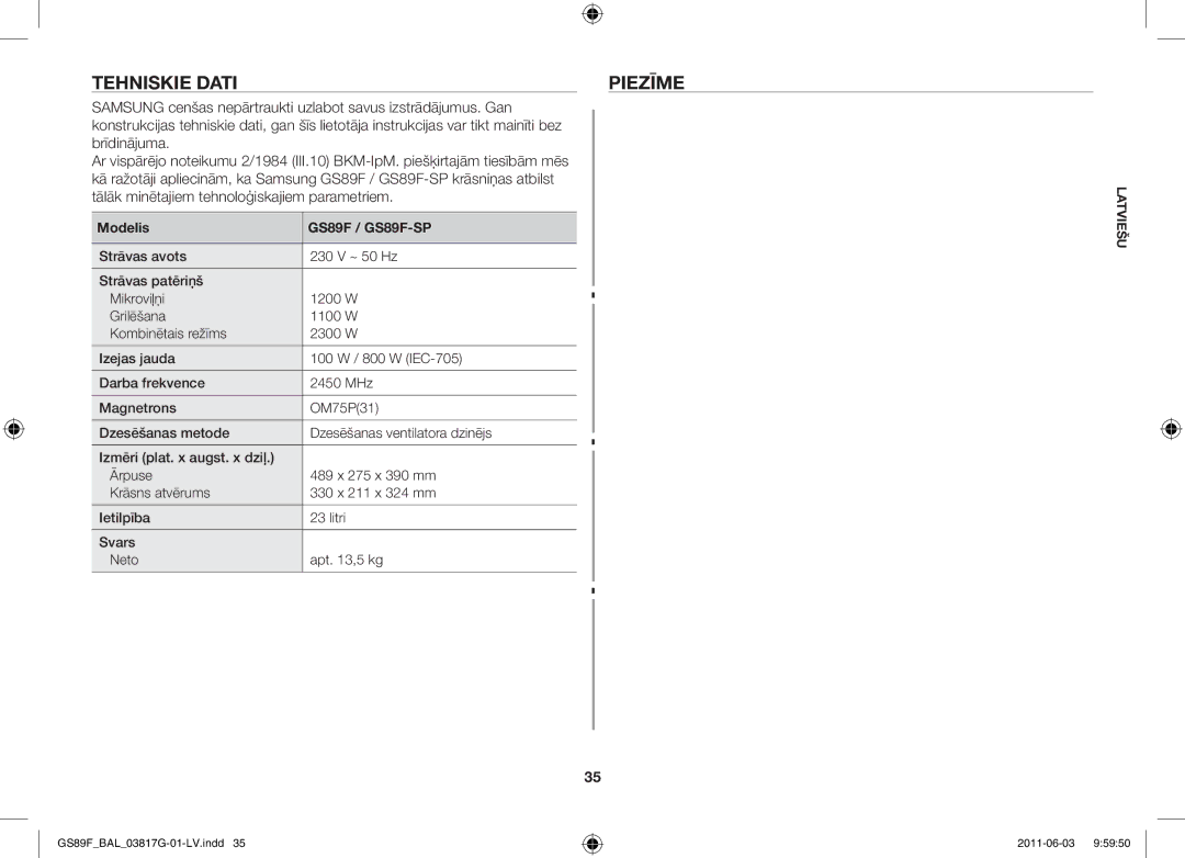 Samsung GS89F-1S/BAL manual Tehniskie dati, Piezīme 