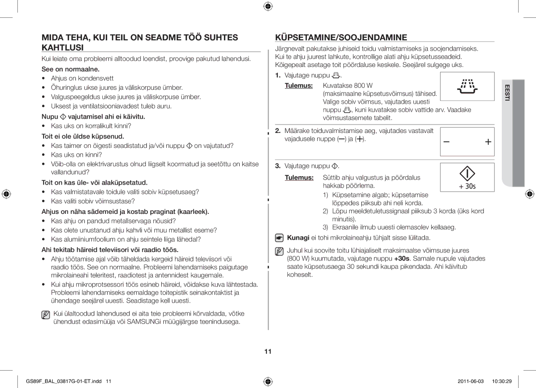 Samsung GS89F-1S/BAL manual Mida teha, kui teil on seadme töö suhtes kahtlusi, Küpsetamine/Soojendamine 