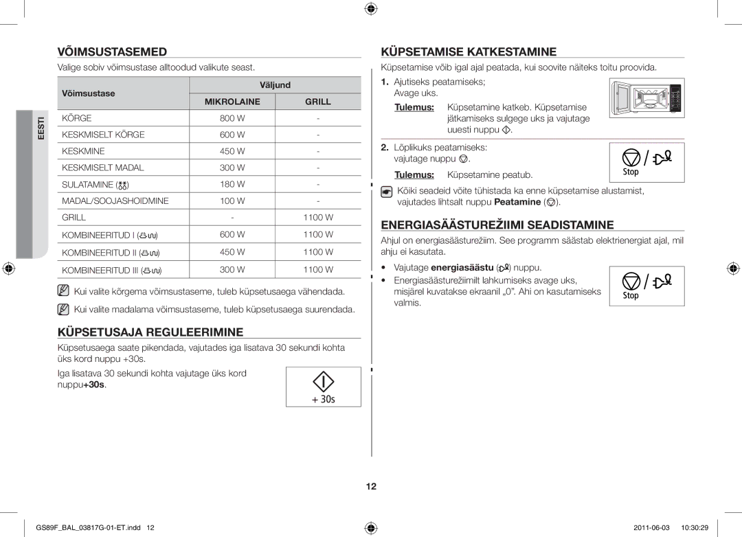 Samsung GS89F-1S/BAL manual Võimsustasemed, Küpsetusaja reguleerimine, Küpsetamise katkestamine 