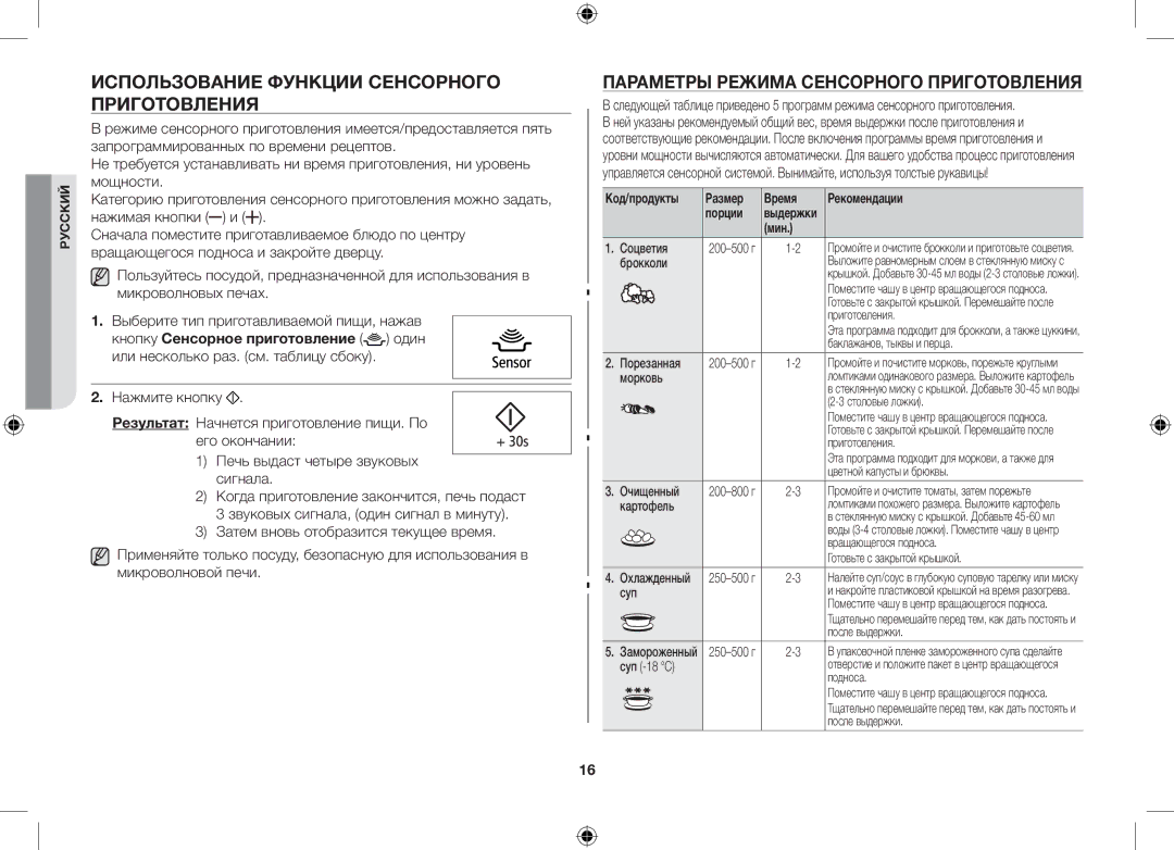 Samsung GS89F-1S/BAL manual Использование функции сенсорного приготовления, Параметры режима сенсорного приготовления, Мин 