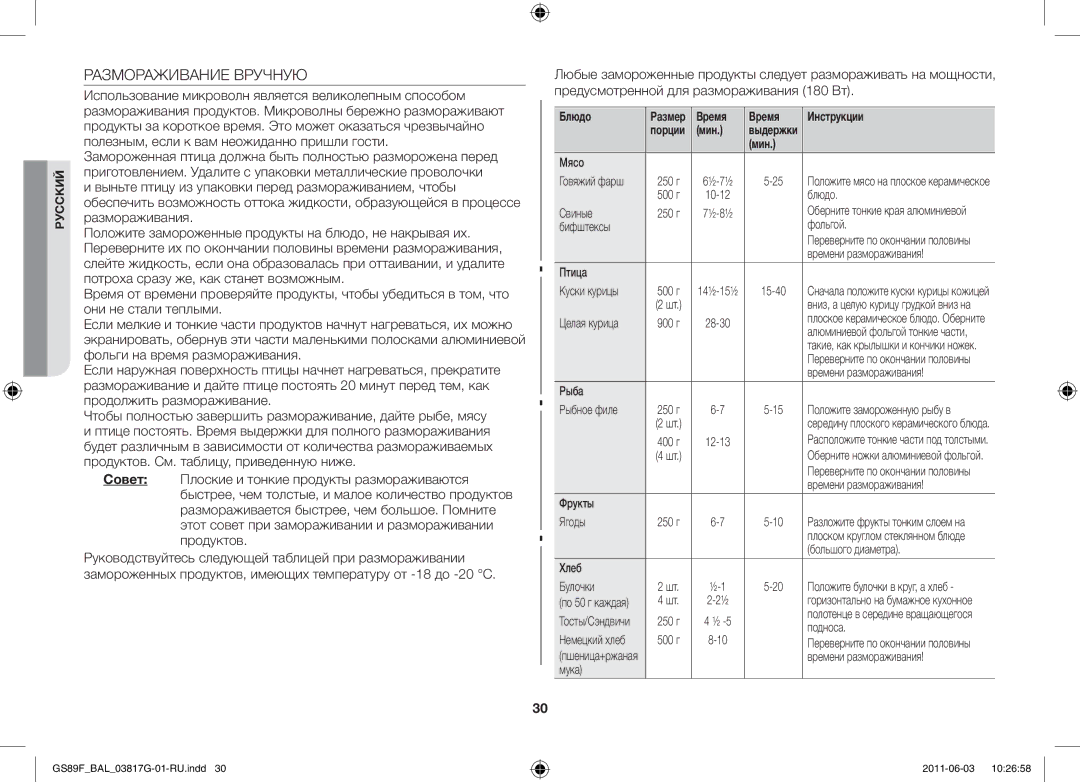 Samsung GS89F-1S/BAL manual Размораживание Вручную 