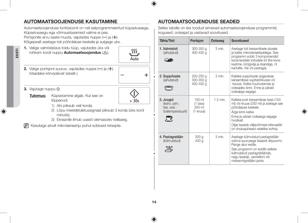 Samsung GS89F-1S/BAL manual Automaatsoojenduse kasutamine, Automaatsoojenduse seaded, Tähis/Toit Portsjon, Soovitused 