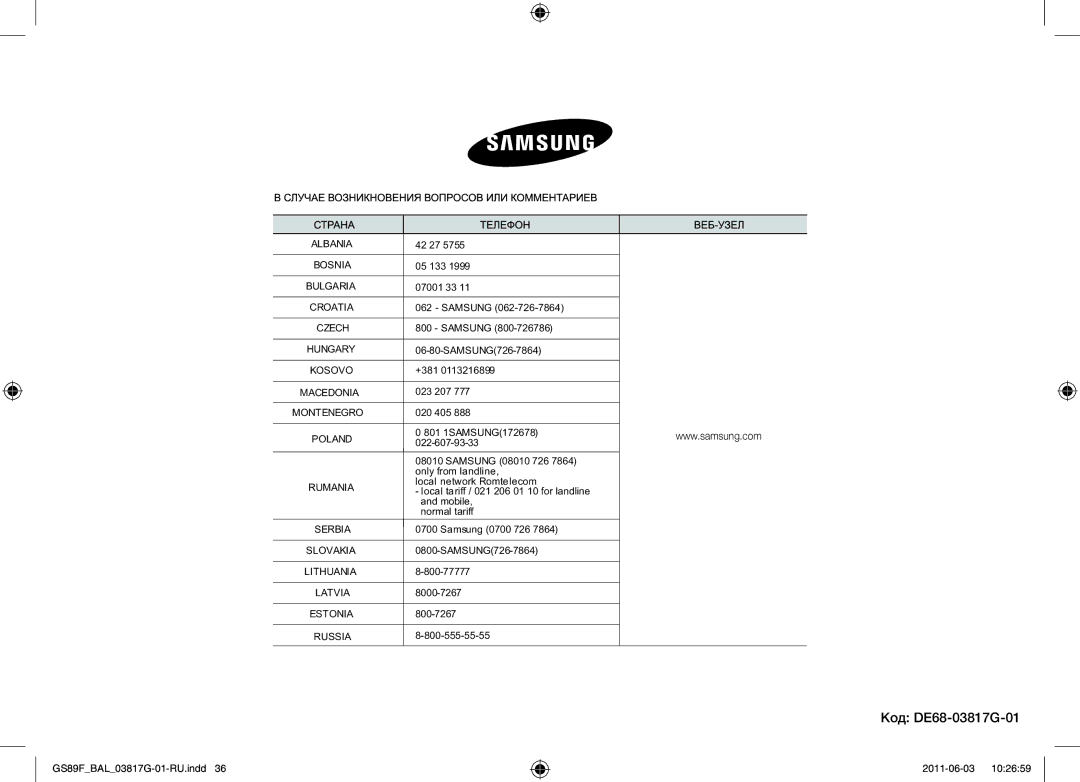 Samsung GS89F-1S/BAL manual Код DE68-03817G-01 