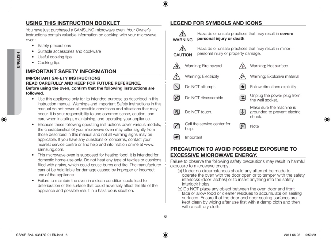 Samsung GS89F-1S/BAL manual Using this instruction booklet, Important Safety Information, Useful cooking tips, Cooking tips 