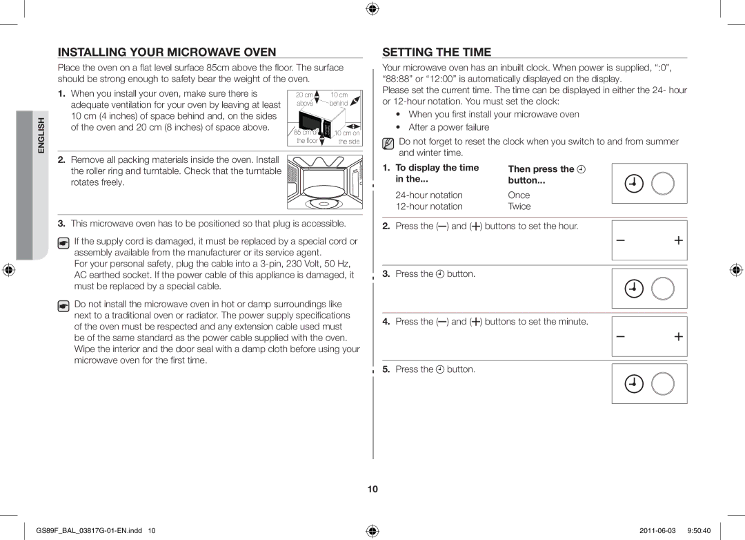 Samsung GS89F-1S/BAL manual Installing your microwave oven, Setting the time, Then press Button, Hour notation Once Twice 