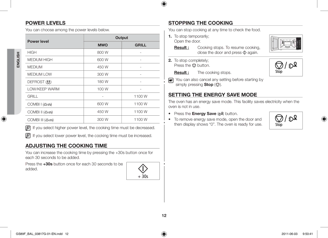 Samsung GS89F-1S/BAL manual Power levels, Adjusting the cooking time, Stopping the cooking, Setting the energy save mode 