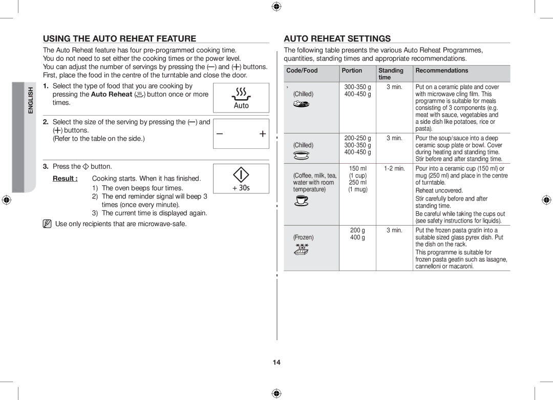 Samsung GS89F-1S/BAL Using the auto reheat feature, Auto reheat settings, Code/Food Portion Standing Recommendations Time 