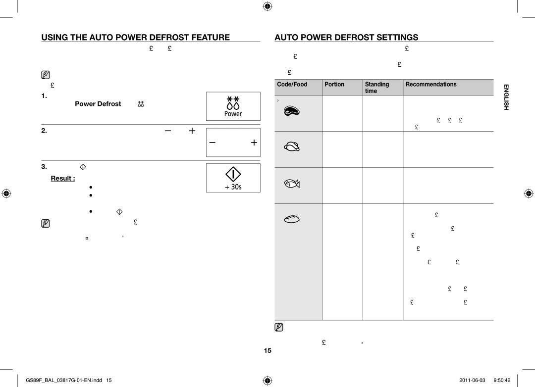 Samsung GS89F-1S/BAL manual Using the auto power defrost feature, Auto power defrost settings, Result 