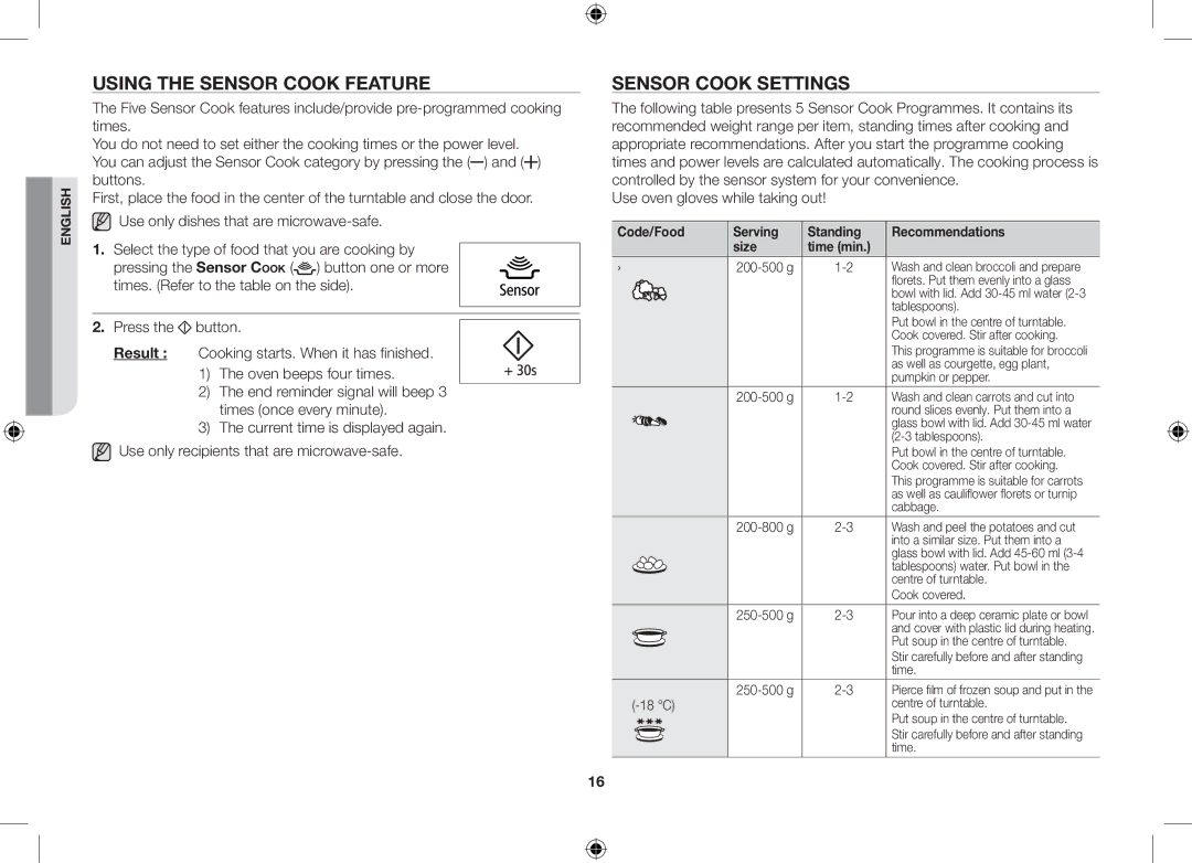 Samsung GS89F-1S/BAL manual Using the sensor cook feature, Sensor cook settings 