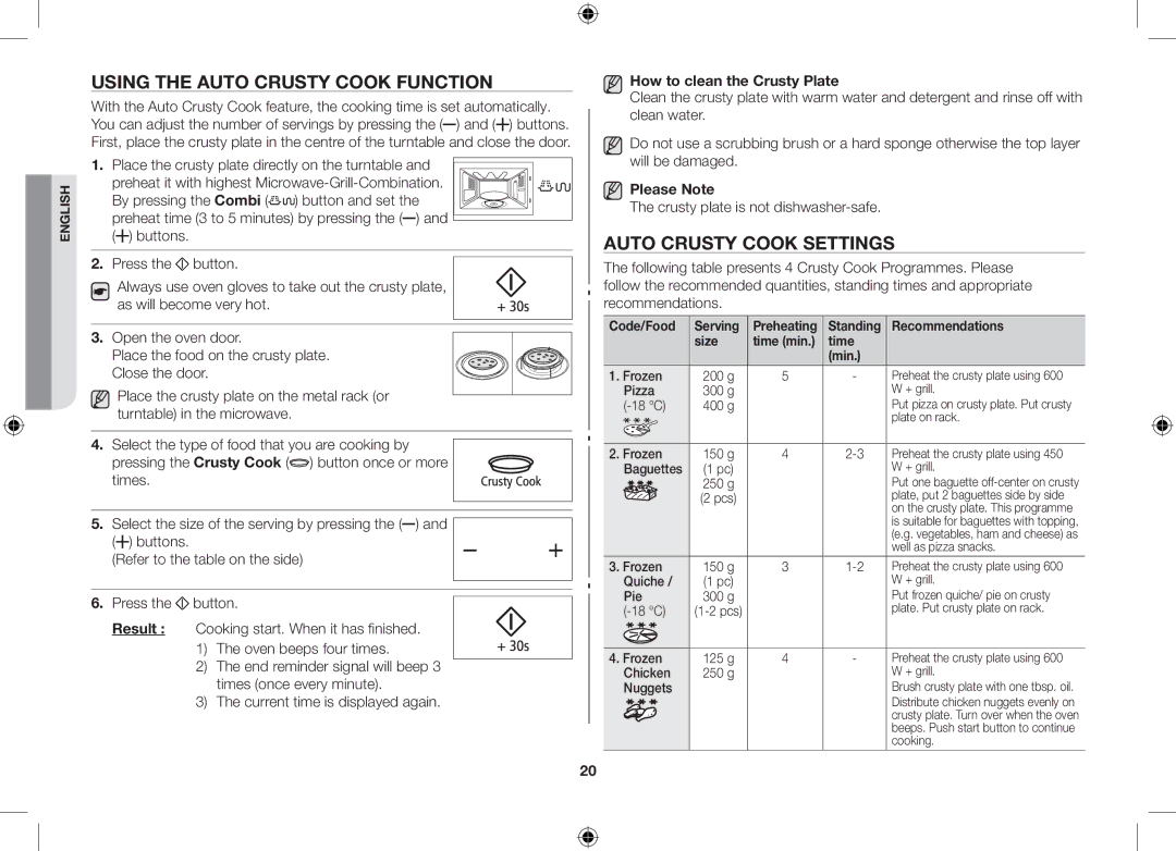 Samsung GS89F-1S/BAL manual Using the auto crusty cook function, Auto crusty cook settings, How to clean the Crusty Plate 