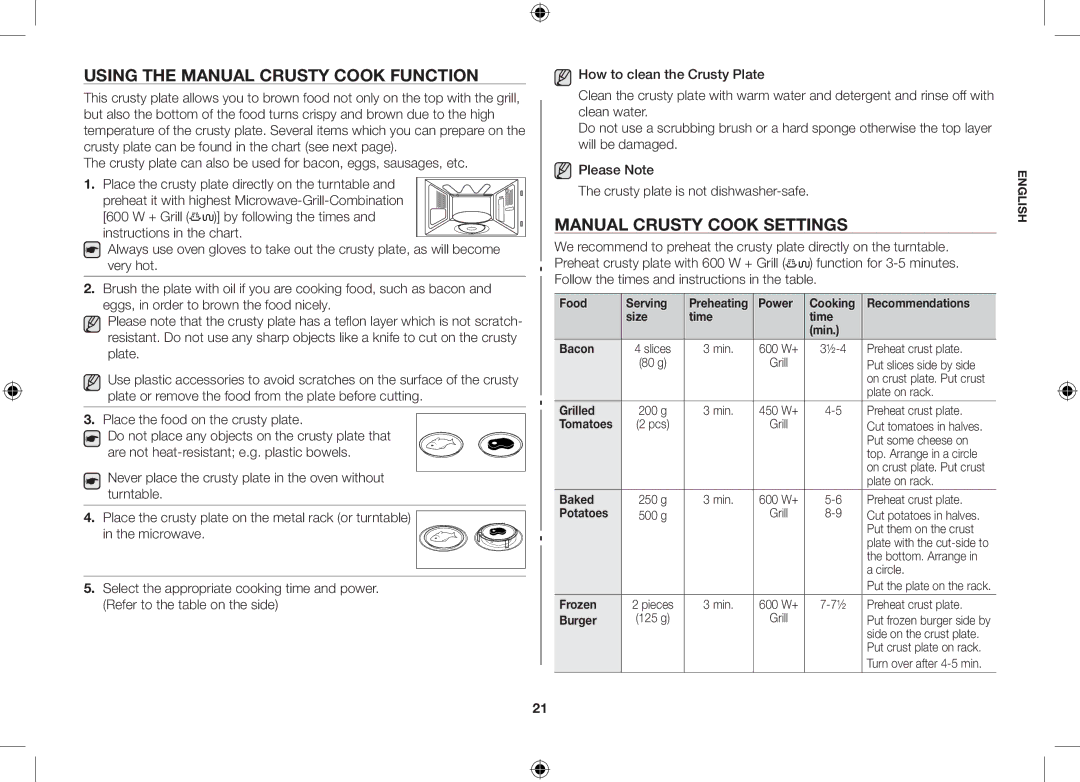 Samsung GS89F-1S/BAL Using the manual crusty cook function, Manual crusty cook settings 