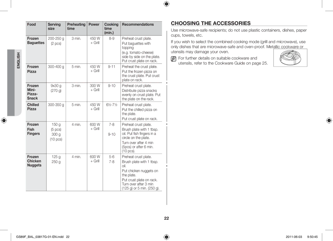 Samsung GS89F-1S/BAL manual Choosing the accessories 